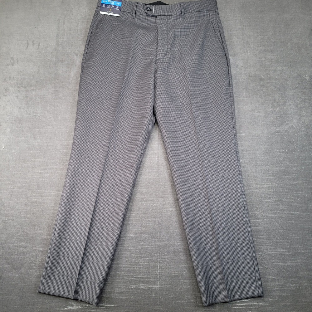 Stafford Mens Gray Houndstooth CoolMax‎ Classic Fit Adjustec Dress Pants New